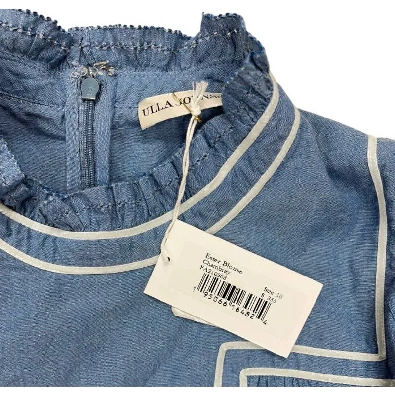 Ulla Johnson Ester Chambray Blouse Top Ruffle Denim New Size 10