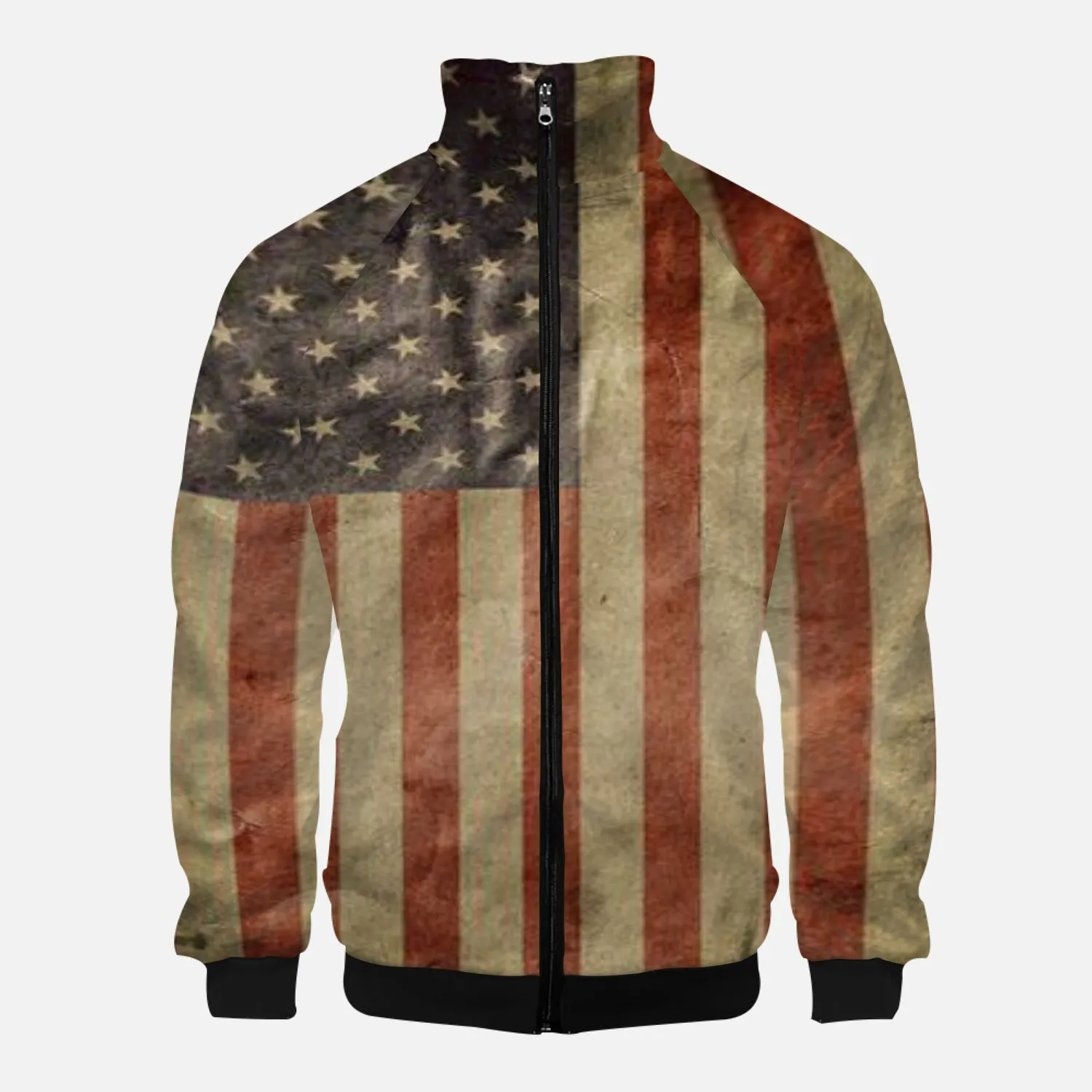 Vintage USA Flag with Dark Blue Accents - Stand Collar Zipper-up Hoodie