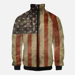Vintage USA Flag with Dark Blue Accents - Stand Collar Zipper-up Hoodie
