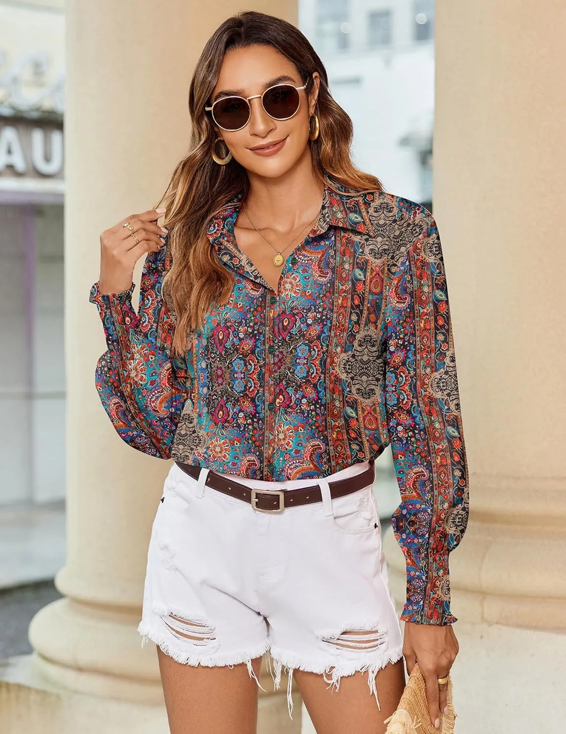 Zeagoo Women's Button Down Shirts Loose Fit Striped Printed Lantern Blouses
