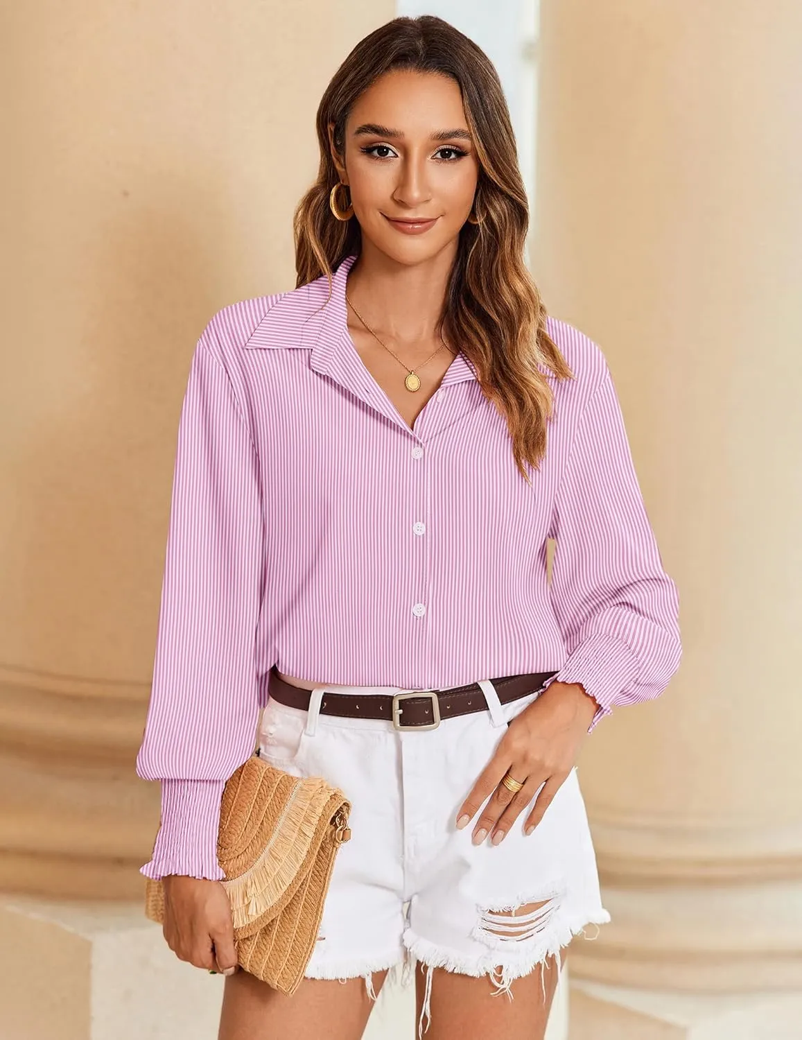 Zeagoo Women's Button Down Shirts Loose Fit Striped Printed Lantern Blouses